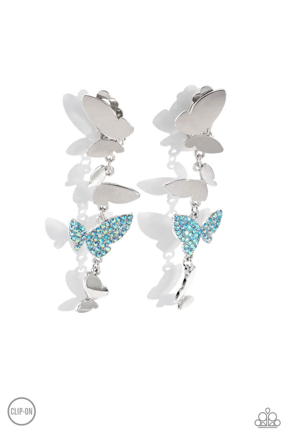 Paparazzi Jewelry Flying Flashy - Blue Clip On Earrings - Pure Elegance by Kym